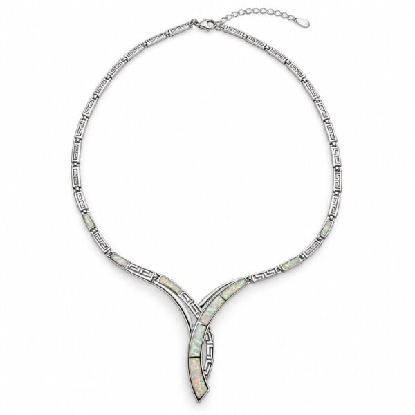 Greek key crossover opal necklace, white opal · 299Q