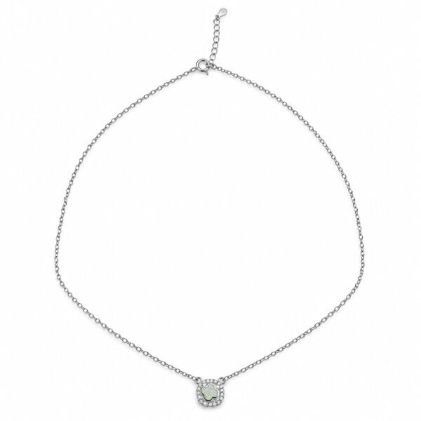 Clover opal necklace with crystal halo, white opal · OP205-SW