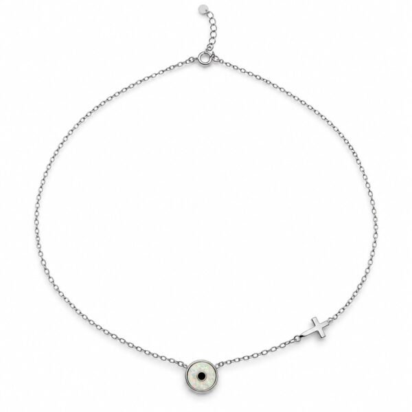 Opal eye and cross necklace, white opal · OP206