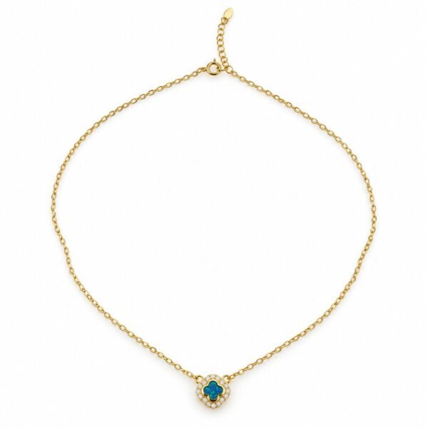 Clover opal necklace with crystal halo, gold-plated, blue opal · OP233-GB