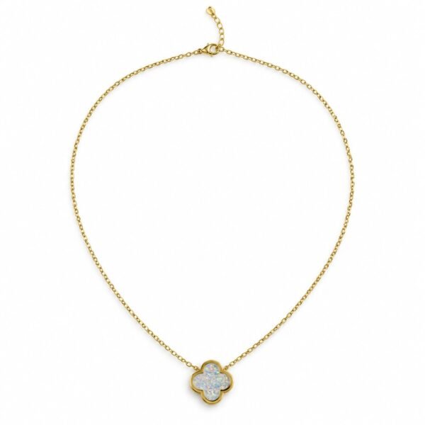Large clover opal necklace, gold-plated, white opal · OP241-GW
