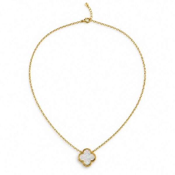 Large clover opal necklace, gold-plated, white opal · OP241-GW