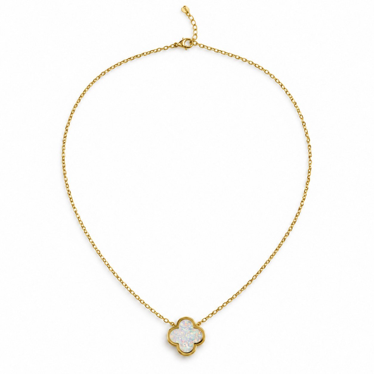 Large clover opal necklace, gold-plated, white opal · OP241-GW