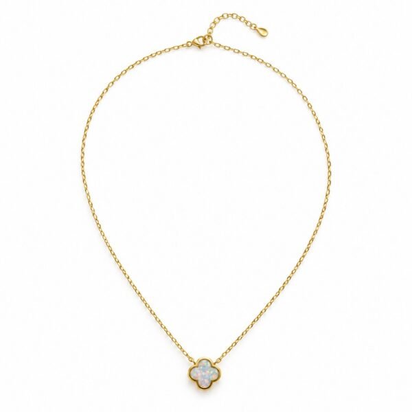 Small clover opal necklace, gold-plated, white opal · OP243-GW