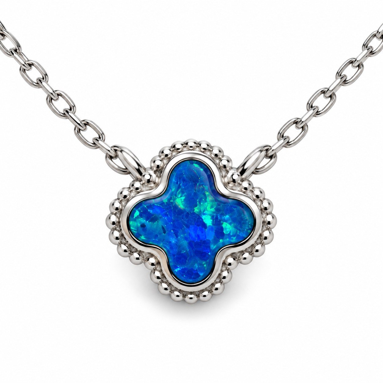 Clover opal necklace with beaded edge, blue opal · OP253-SB - Image 2