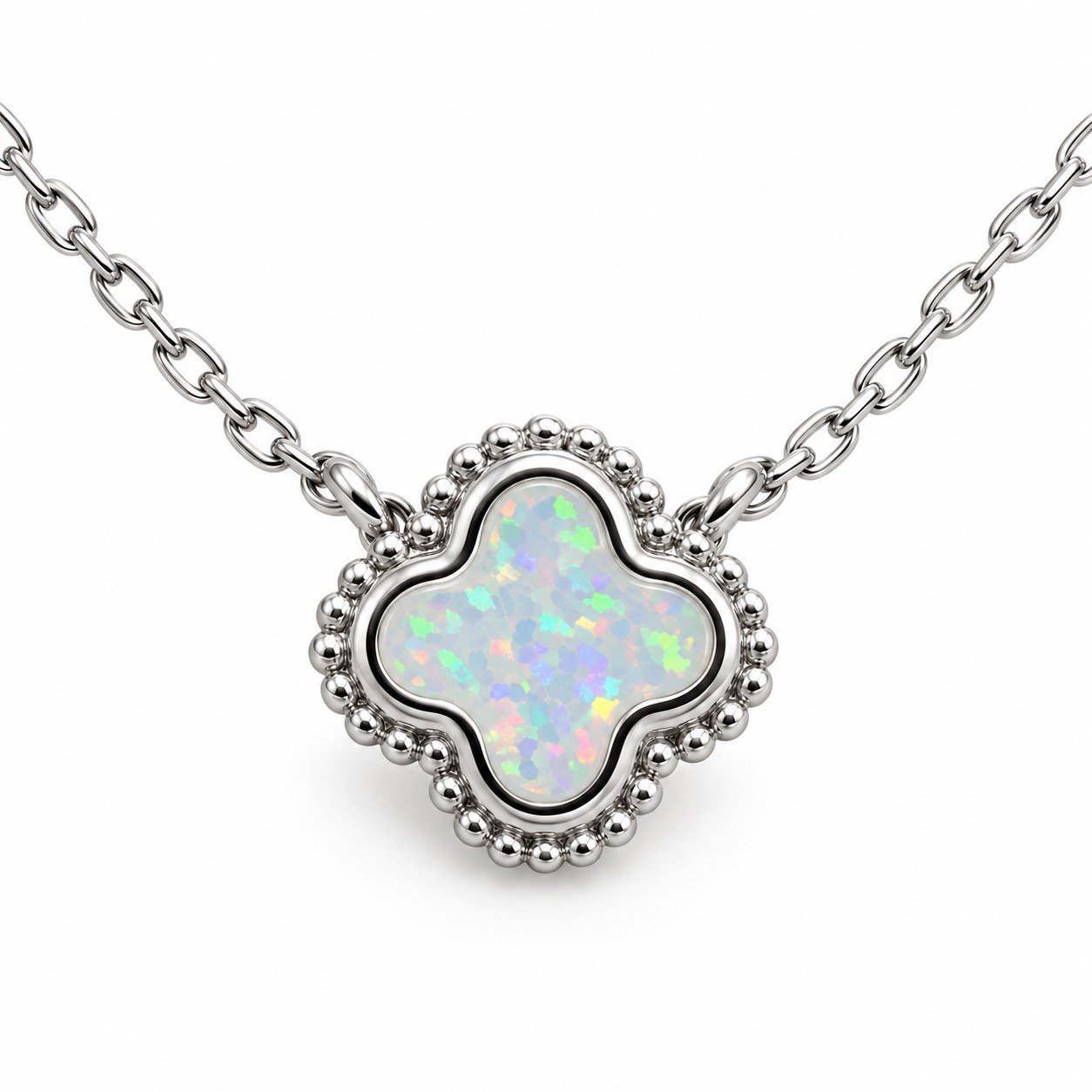 Clover opal necklace with beaded edge, white opal · OP253-SW - Image 2