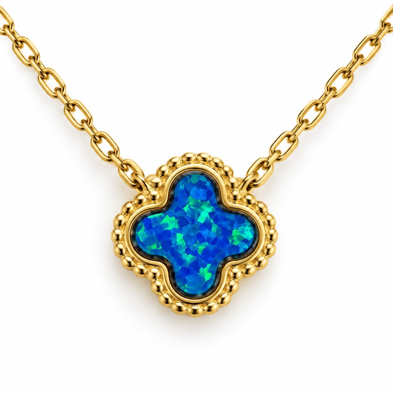 Clover opal necklace with beaded edge, gold-plated, blue opal · OP254-GB - Image 2