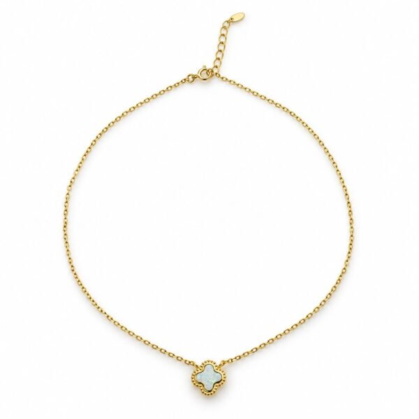 Clover opal necklace with beaded edge, gold-plated, white opal · OP254-GW