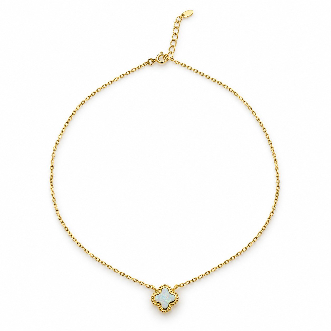 Clover opal necklace with beaded edge, gold-plated, white opal · OP254-GW
