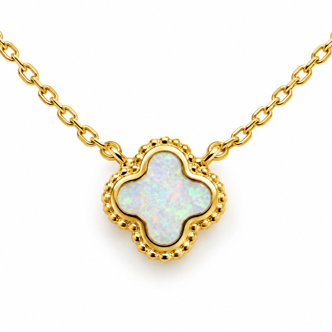 Clover opal necklace with beaded edge, gold-plated, white opal · OP254-GW - Image 2