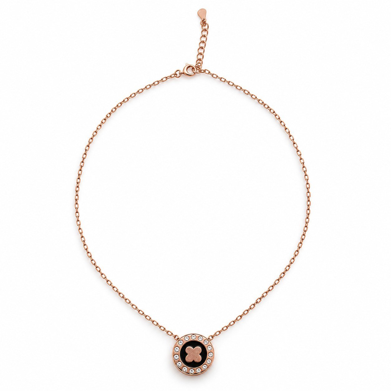 Clover medallion necklace with crystals, rose gold-plated · VS7
