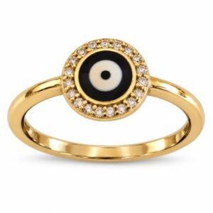 Round evil eye ring with crystal halo, gold-plated · 140