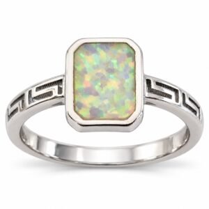 Rectangular opal ring with Greek key shoulders, white opal · 149-SW