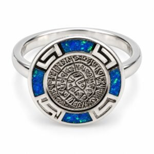 Phaistos disc ring with round opal frame, blue opal · 303GA
