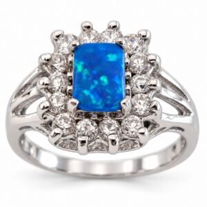 Blue opal ring with crystal surround, rectangular stone · K205GA