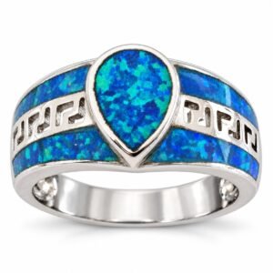 Teardrop opal ring with Greek key band, blue opal · OP116