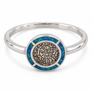 Round coin ring with Greek key and opal, blue opal · OP163-SB