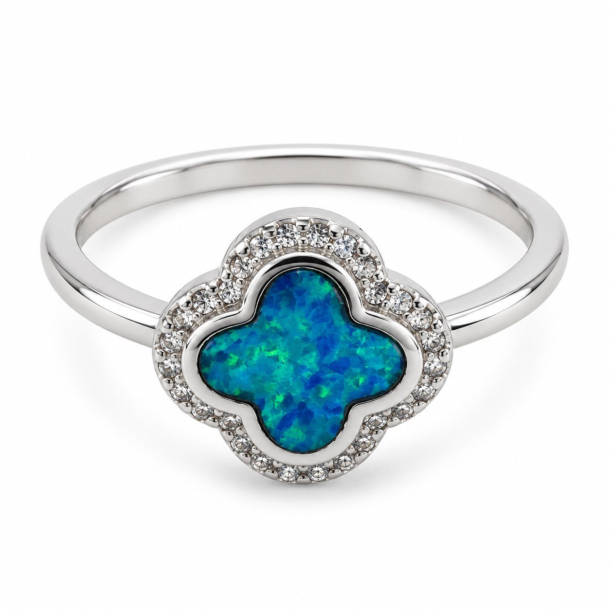 Clover opal ring with crystal halo, blue opal · OP164-SB