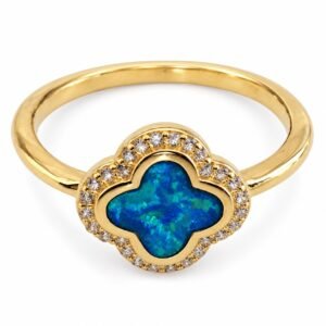 Clover opal ring with crystal halo, gold-plated, blue opal · OP210-GB