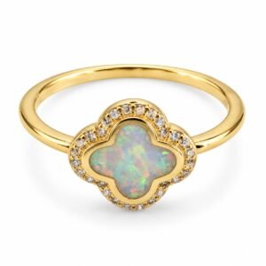 Clover opal ring with crystal halo, gold-plated, white opal · OP210-GW