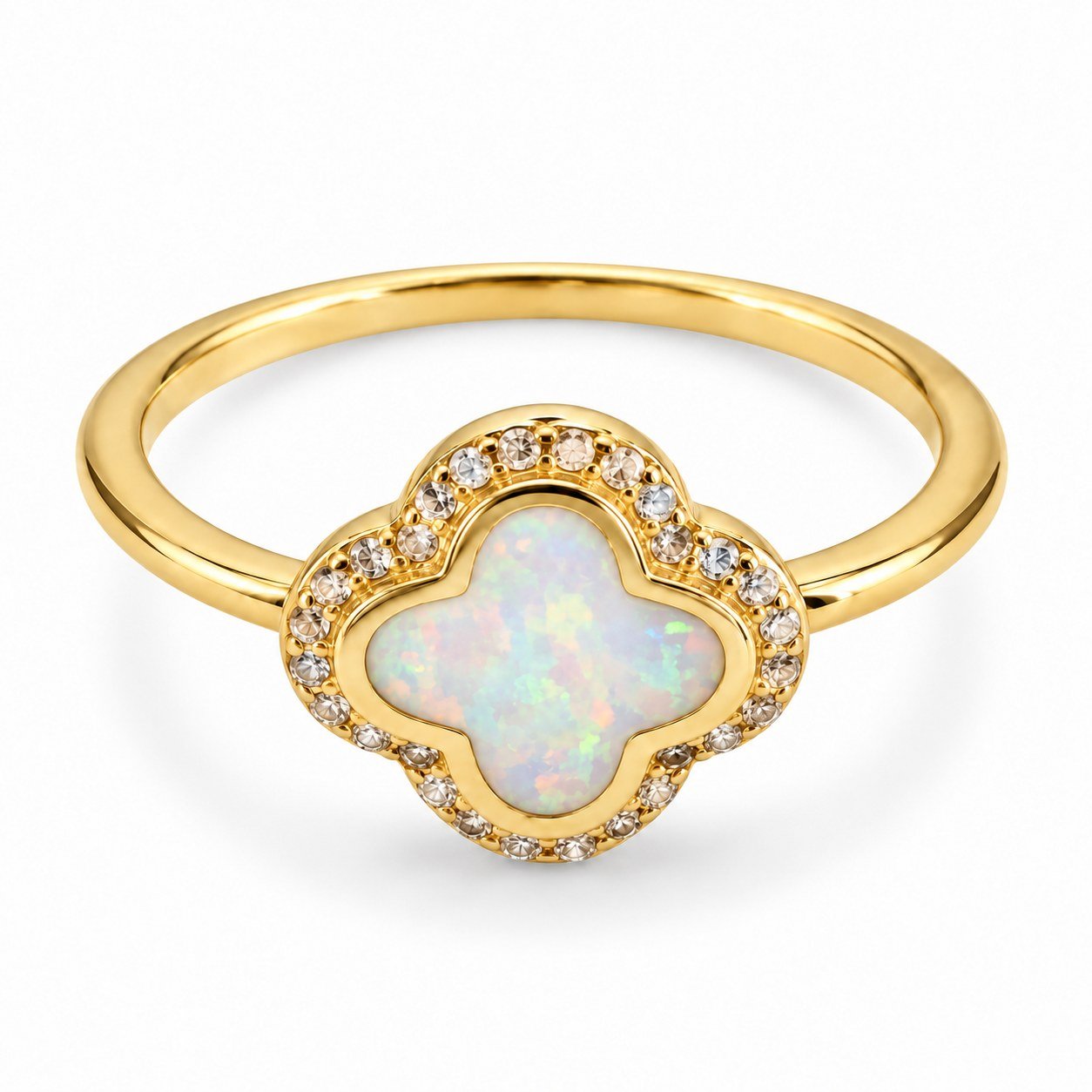 Clover opal ring with crystal halo, gold-plated, white opal · OP210-GW