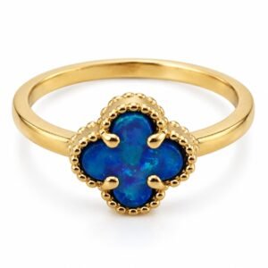 Clover opal ring with beaded edge, gold-plated, blue opal · OP215-GB