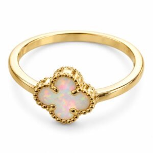 Clover opal ring with beaded edge, gold-plated, white opal · OP215-GW