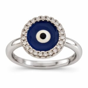 Round evil eye enamel ring with crystal halo · OP275