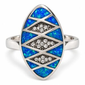 Marquise opal panel ring with crystal diamonds, blue opal · RSB-02