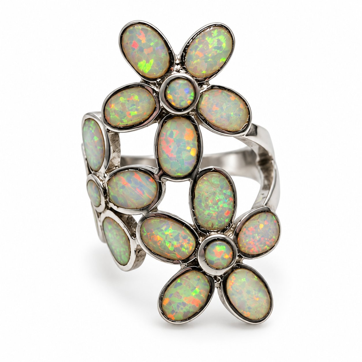 Two flower opal ring, white opal · RSW-01